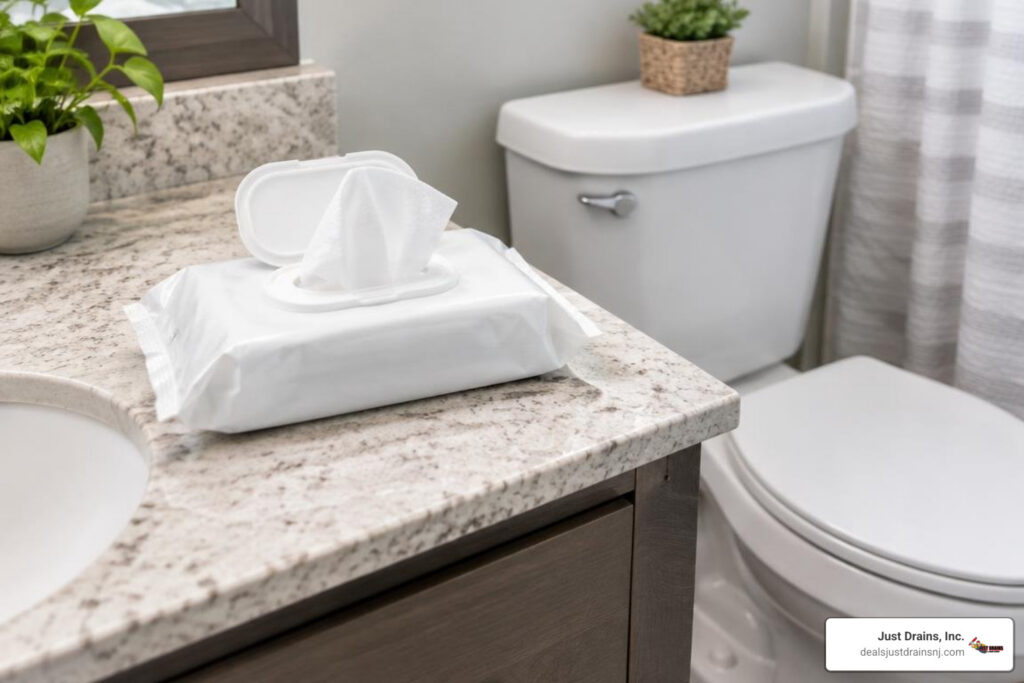 wet wipes on a bathroom vanity beside a toilet