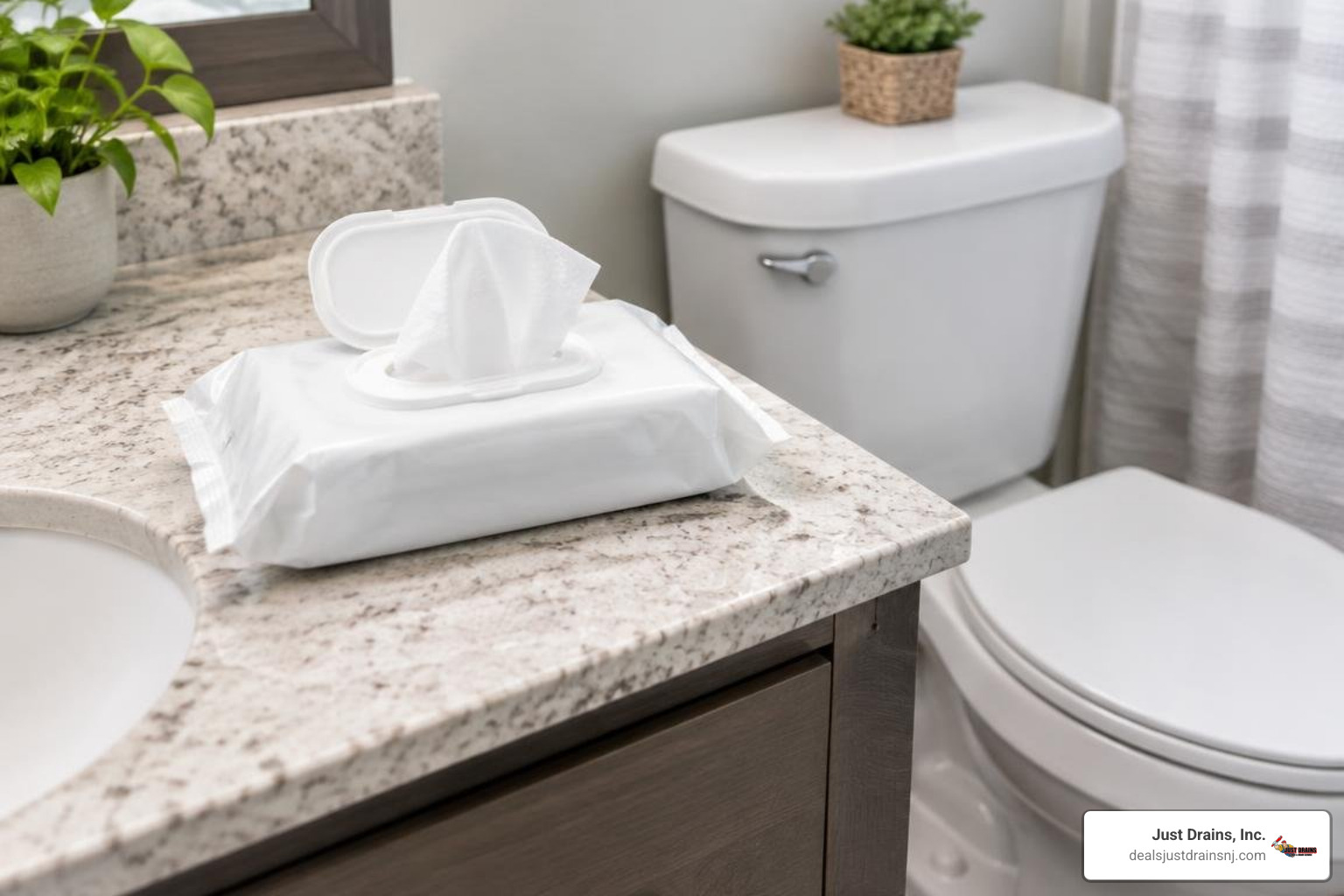 wet wipes on a bathroom vanity beside a toilet