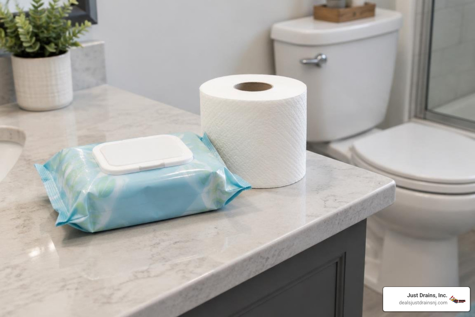 Flushable wipe package beside toilet paper and a toilet